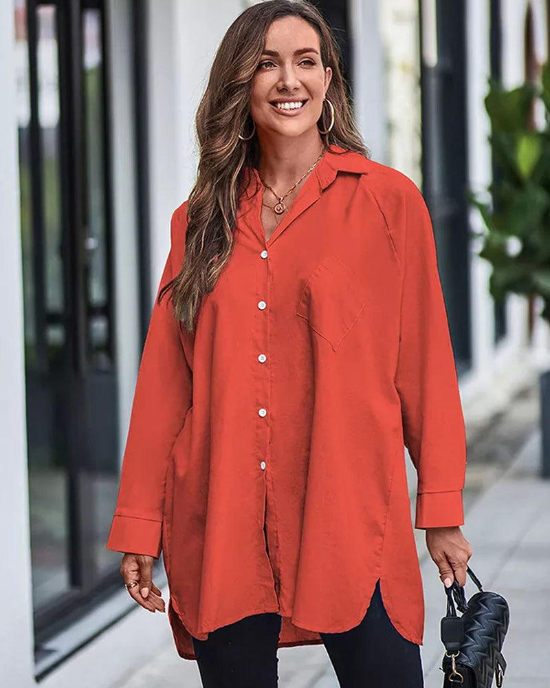 Zeagoo Long Cuffed Sleeve Shirts Button Down V Neck Blouse Loose Fitting Tops - Orange L-