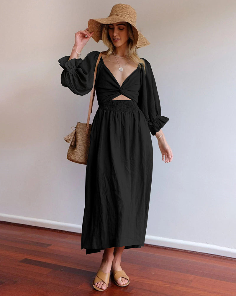 Lotus Leaf Edge Seven-point Lantern Sleeve Multi-wear Elegant Dress - Black M