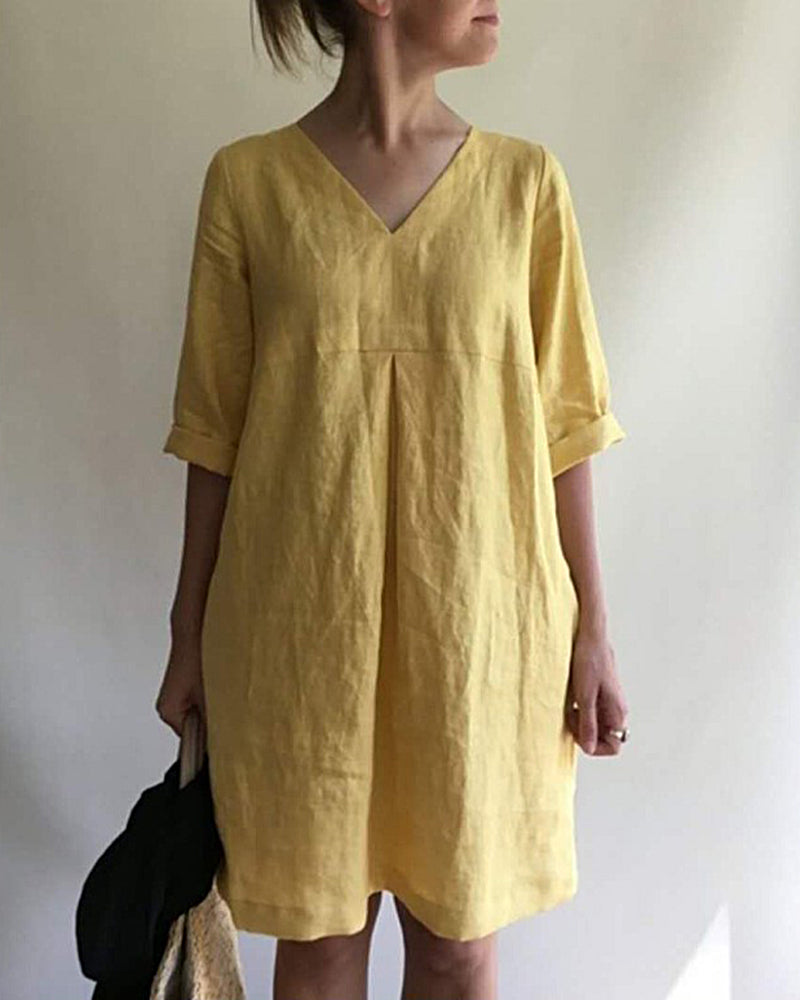 Zeagoo Women's Casual Loose Short Sleeve V-Neck Cotton Linen Dress - Yellow S