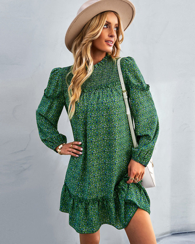Long Sleeve Dress Boho Floral Ruffle High Neck Mini Dress Casual Loose Pleated Flowy Dresses - Dark Green M