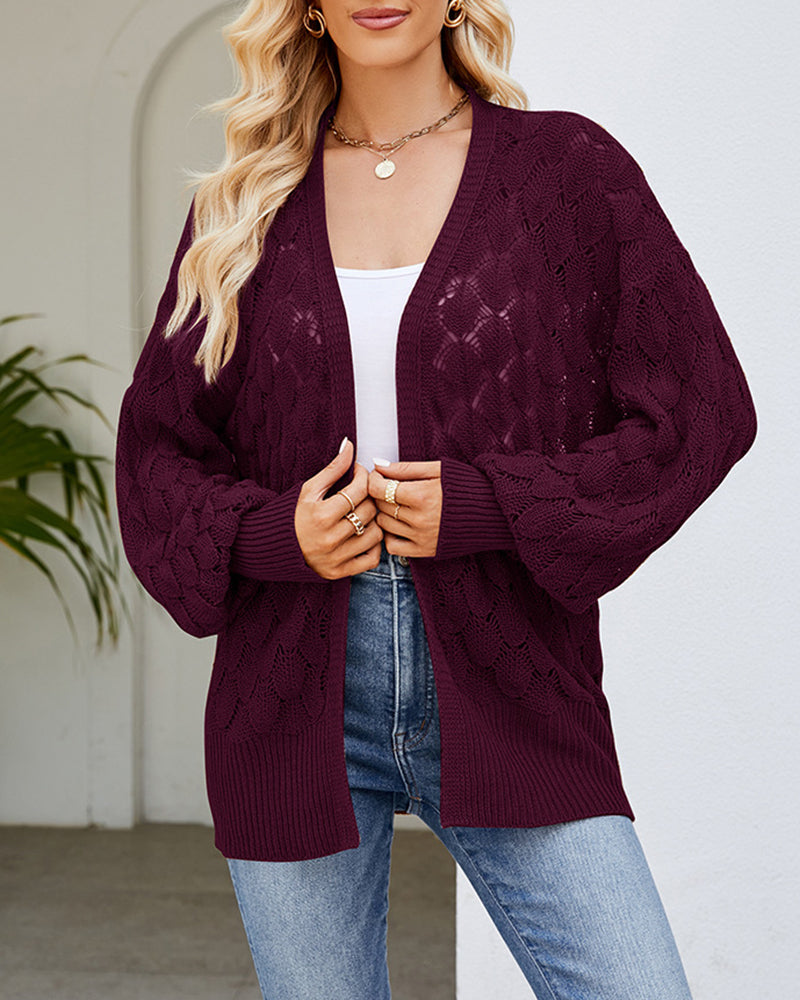 Solid Color Hollowed Out Knitted Cardigan Loose V-Neck Long Sleeved Cardigan Top - Wine Red S