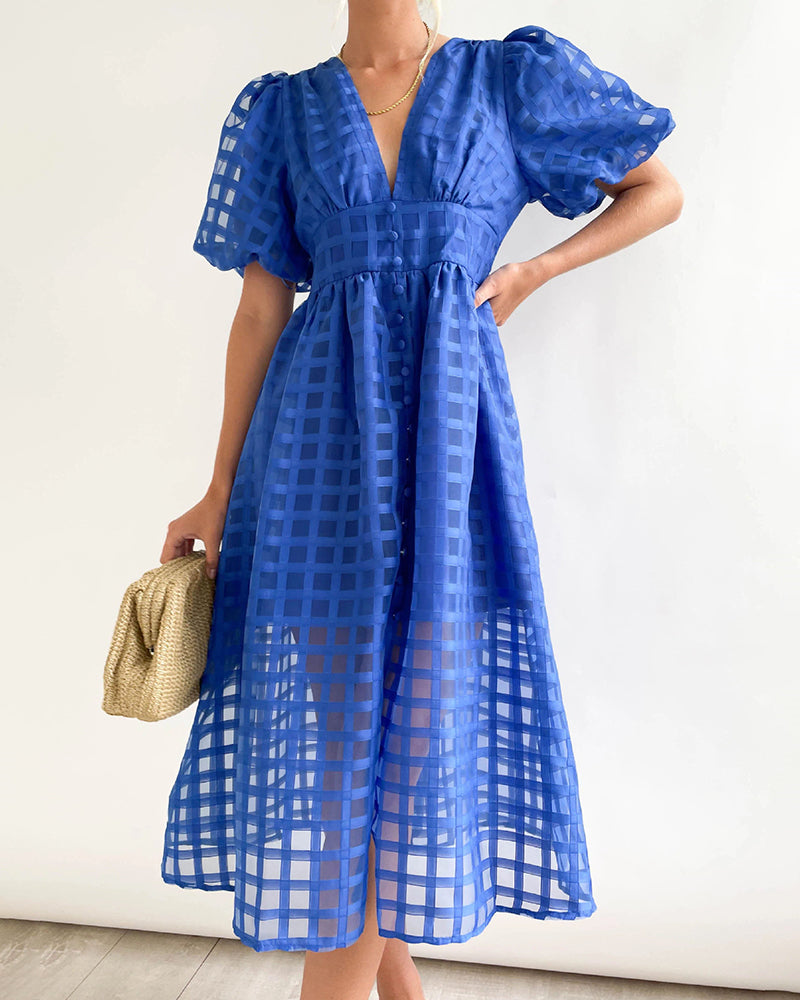 Zeagoo Women's Deep V Neck Short Puff Sleeve Plaid Midi Dress Elegant Button Front Beach Flowy Dress - Blue