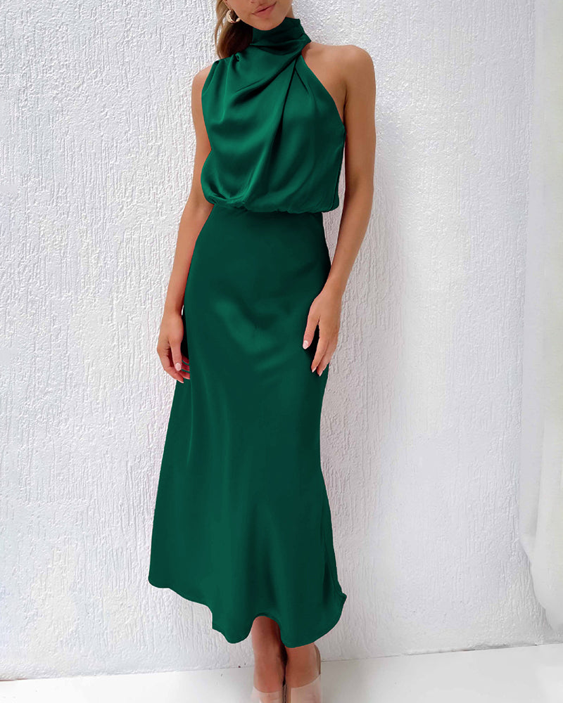 Long Formal Satin Dress Mock Neck High Neck Evening Dress - Dark Green S
