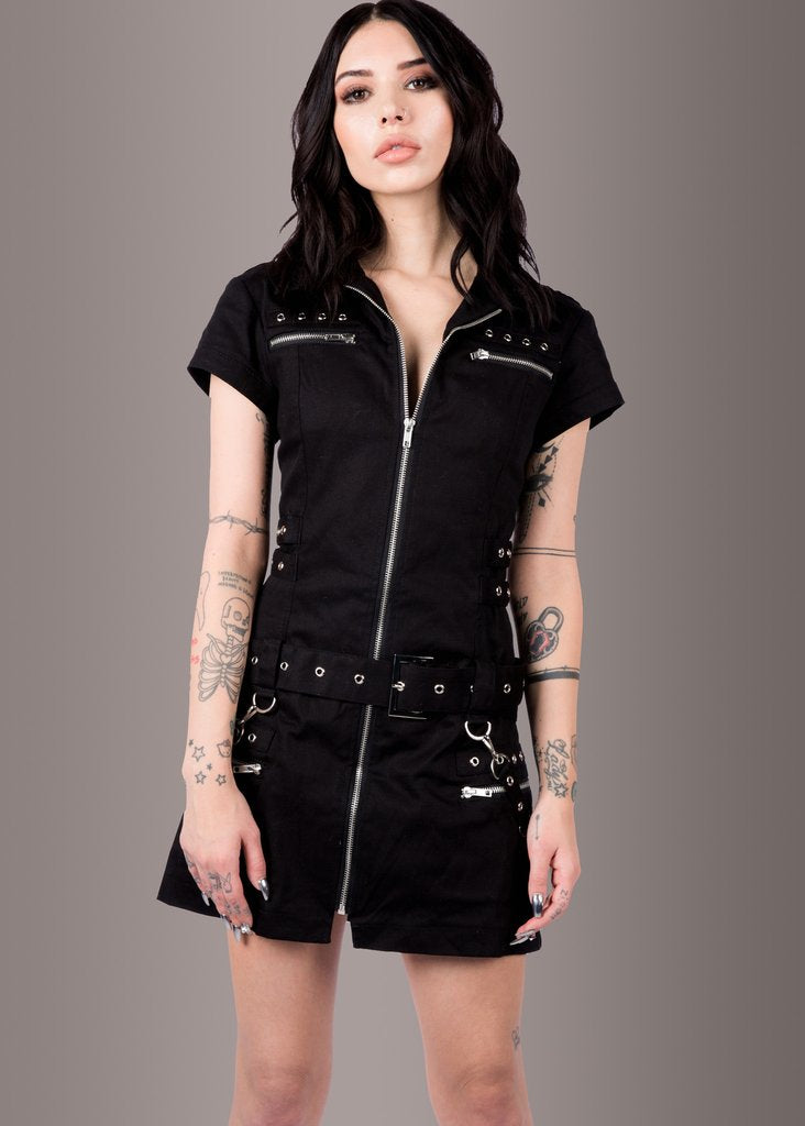 Macabre Heartdrop Goth Mini Dress with Buckles and Lacing - L Black
