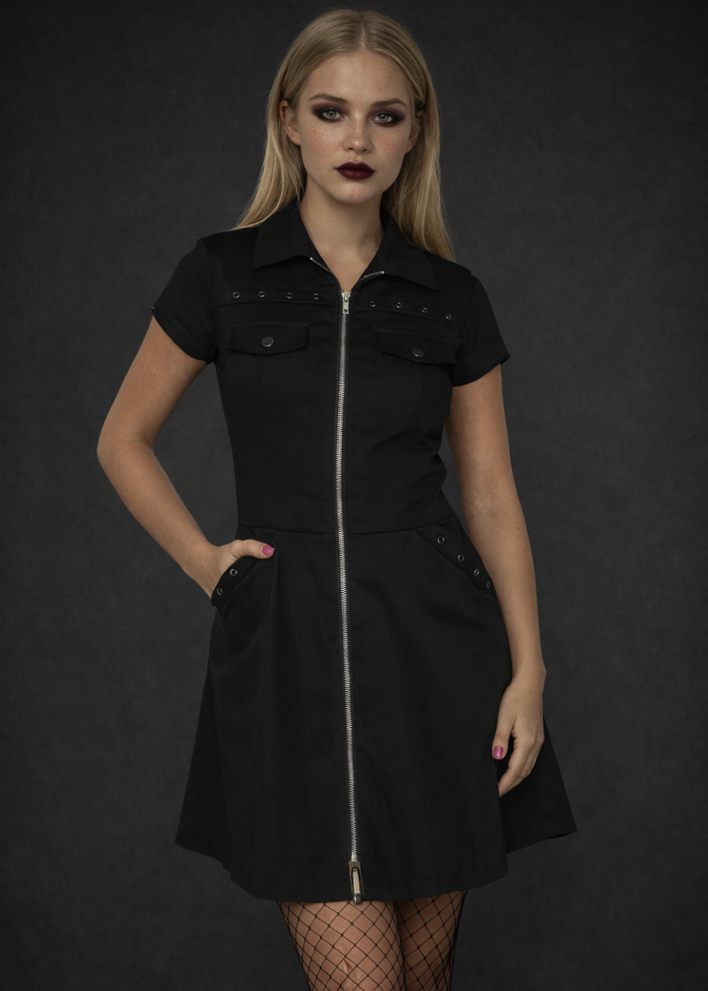 Black Gothic Mini Dress with Front Zipper - Black