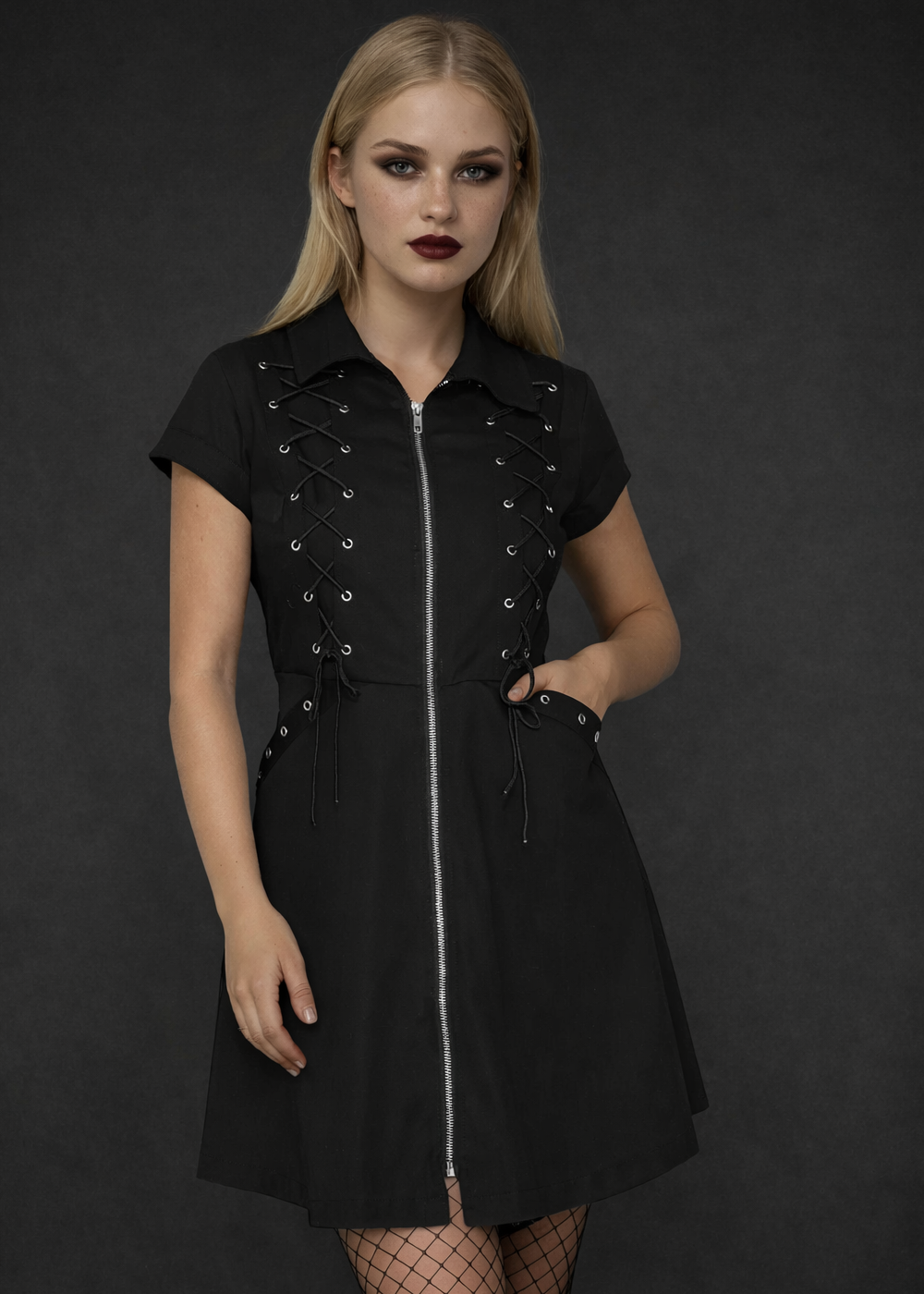 Gothic Black Mini Dress with Lace Up Detail - Black