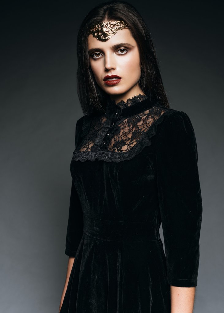 Dark Empress Black Velvet High Collar Dress with Lace Details - Black