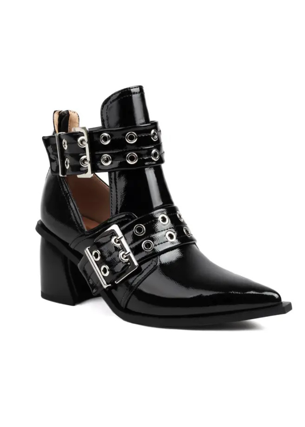 Rebel Heart Black Buckle Pointed Toe Ankle Boots - Black