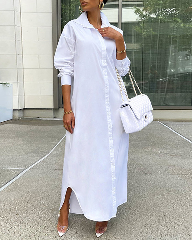 Zeagoo Women's Button Down Maxi Shirts Dress Long Sleeve Collared V Neck Kaftan Loose Long Dress Coat - White L-