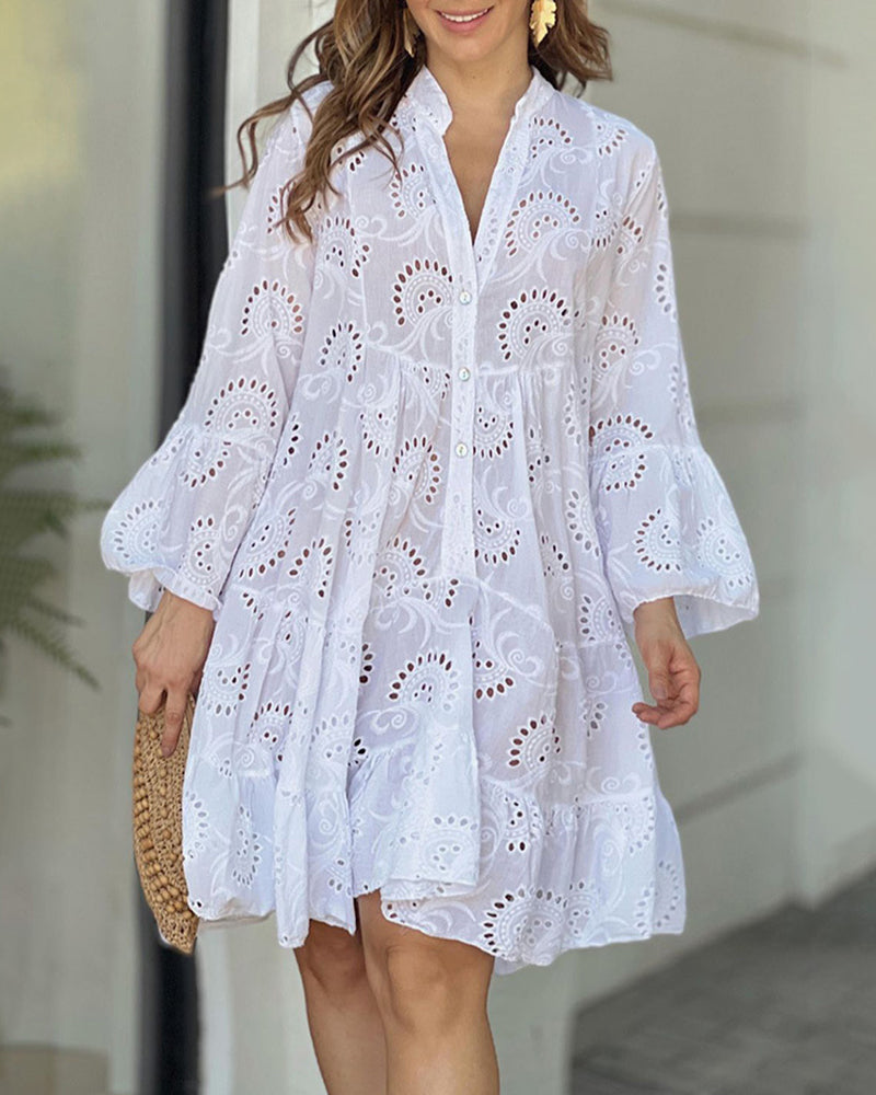 Loose Vintage Solid Color Hollow Out Lace Dress V-Neck Flare Sleeve Embroidery Mini Dress - White S