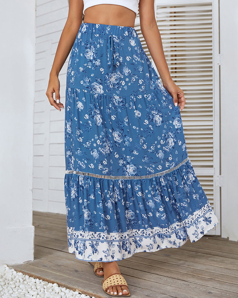 Zeagoo Women's Bohemian Floral Skirt Elastic High Waist A- Line Tiered Flowy Beach Maxi Skirt - Blue L-