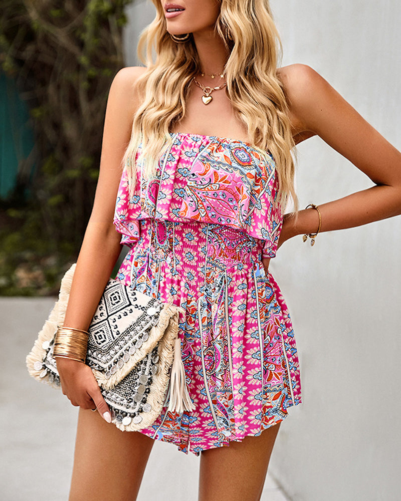 Off Shoulder Jumpsuit Floral Print Strapless Elastic Waist Wide Leg Shorts Romper Dress - Pink L-