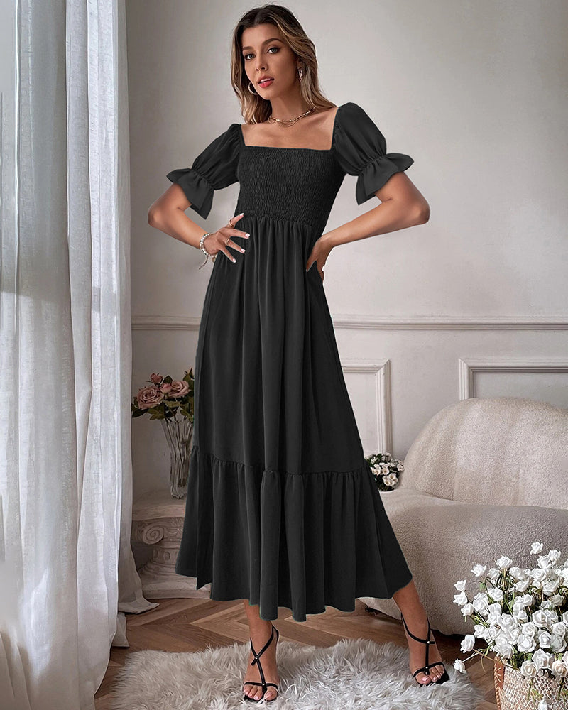 Ruffle Puff Sleeve Smocked Dress Square Neck Long Sleeve High Waist Flowy Maxi Dress - Black