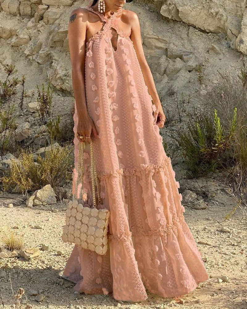Flowy Cut Out Halter Neck Long Dress Chiffon Ruffle Frill Trim Puffy Swing Dress - Pink L-