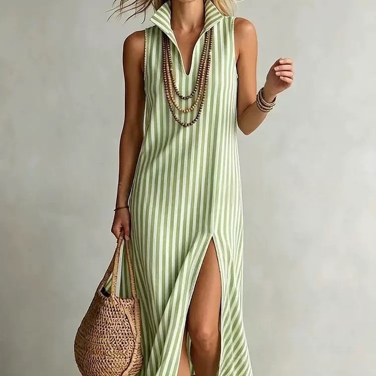 Striped Stand Collar Side-Slit Sleeveless Maxi Dress A