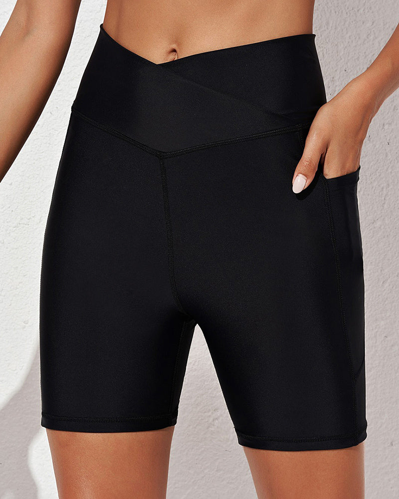 High Waisted Tummy Control Bikini Bottoms Stretchy Quick Dry Water Beach Shorts with Pockets - Black