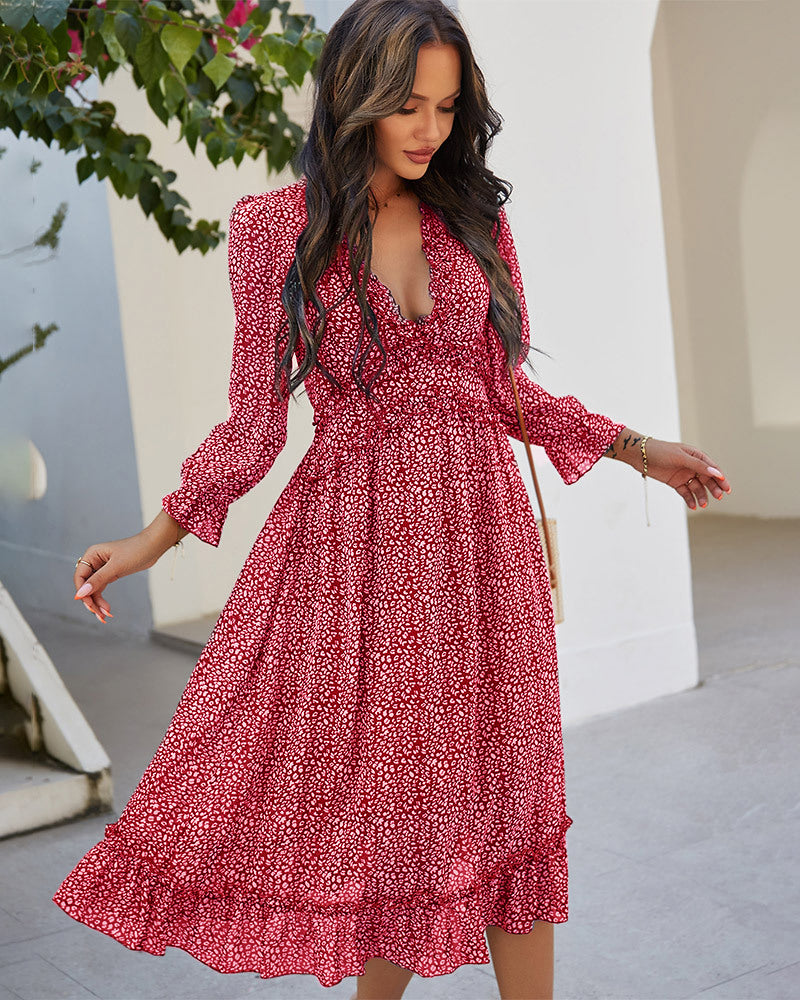 Zeagoo Women's Chiffon V-neck Simple Floral Print Dress - Wine Red