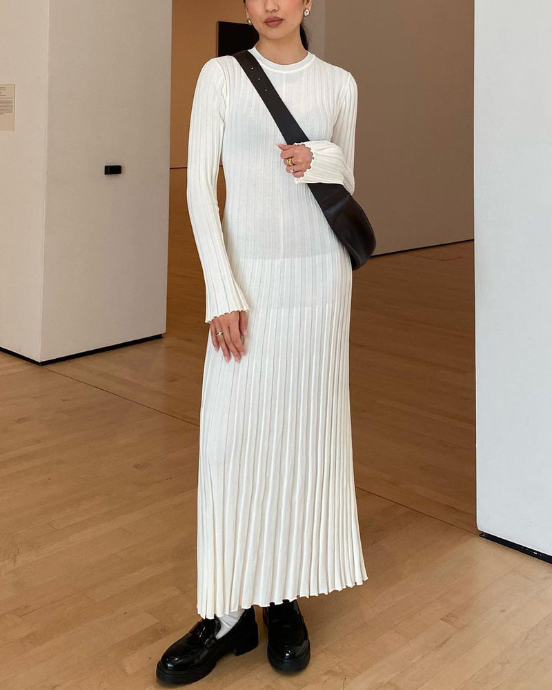 Long Sleeve Dress Crew-Neck Knit Maxi Dress Ribbed Elegant Long High Waist Pleated Dresses - White M