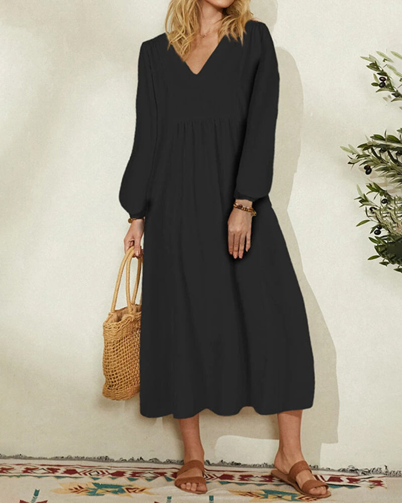 V-Neck Loose Lantern Sleeves Long Sleeve Maxi Dress - Black S