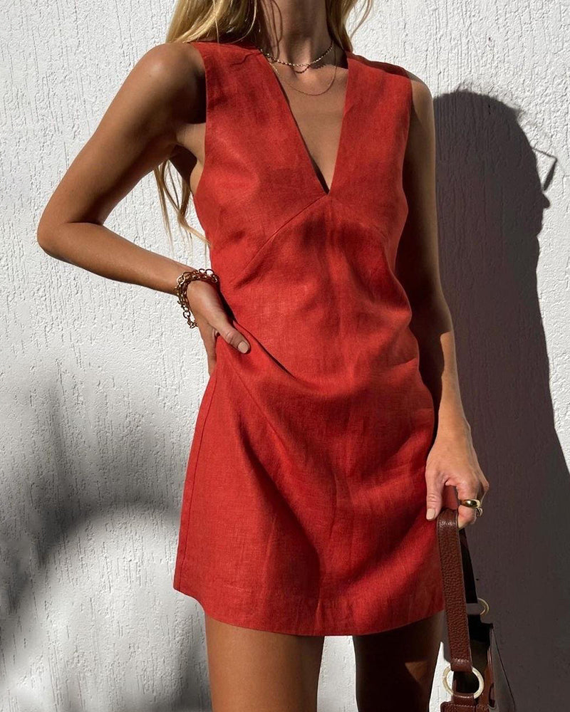 Zeagoo Women's Cotton Linen Slim Vest Dress - Red L-
