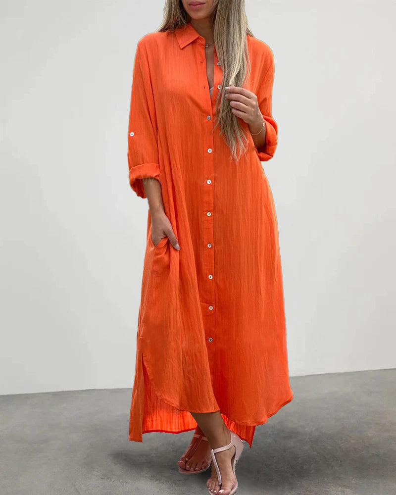 Zeagoo Women's Casual Collar Button Pocket Long Sleeve Shirt Dress - Orange L-
