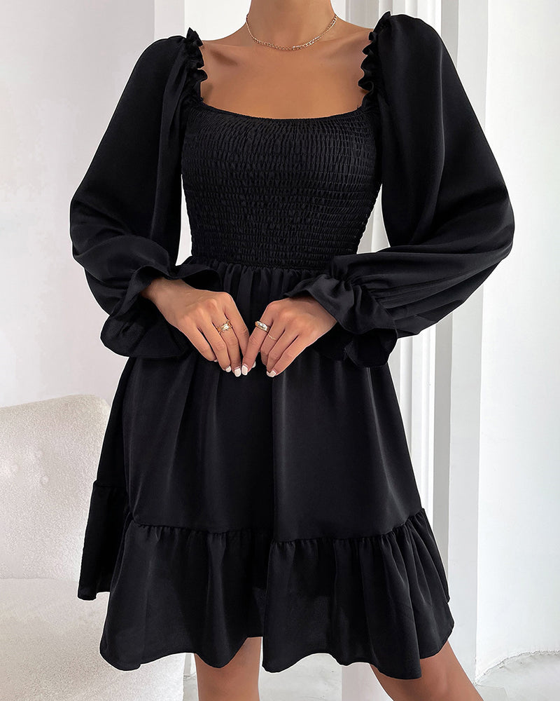 Square Neck Long Sleeve Shirred Ruffle Hem Dresses High Waist A Line Knee Length Elegant Mini Dress - Black M