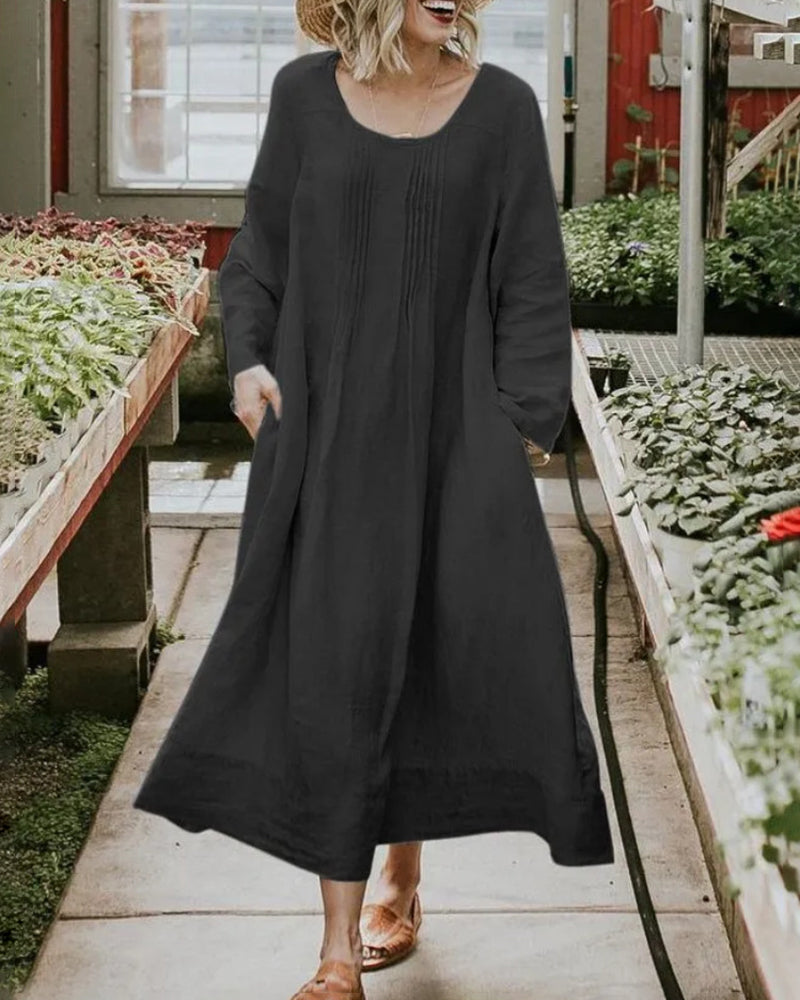 Round Neck Ruched Pocket Solid Long Sleeve Dress - Black