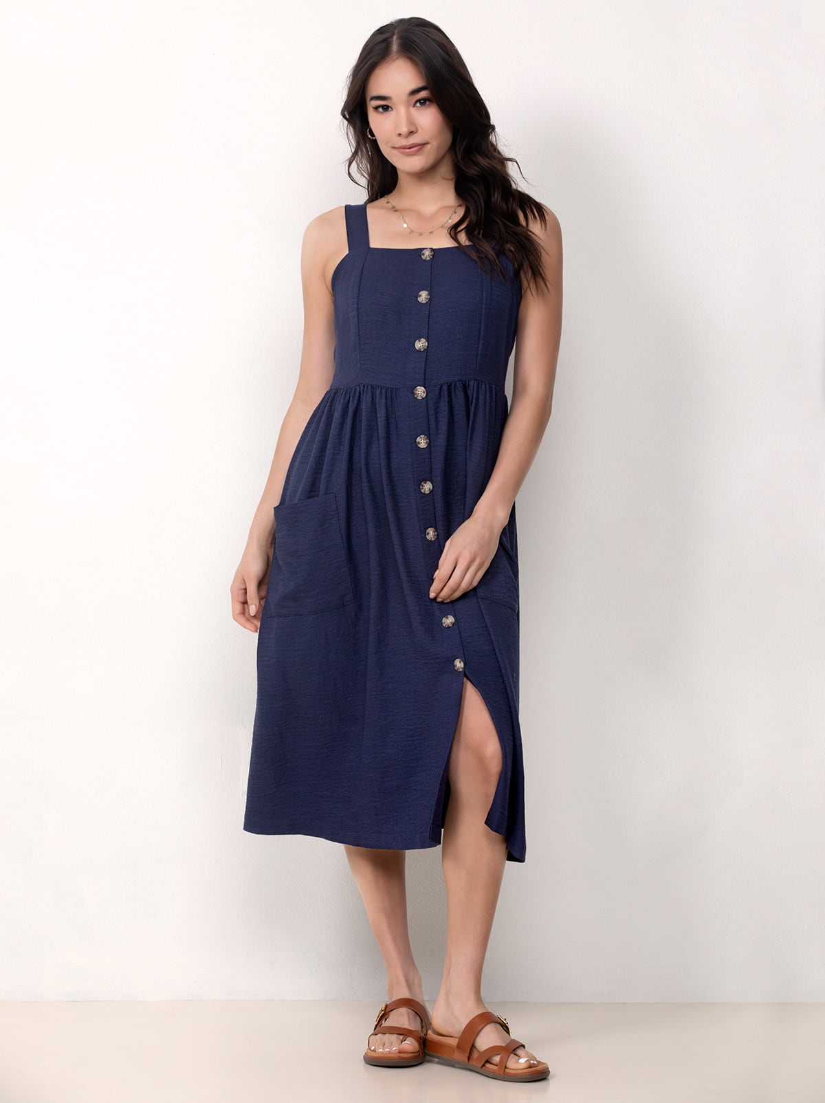 Single Stitch Button Front Midi Dress, Navy Small
