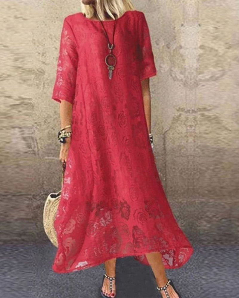 Zeagoo Women's Sleeve Floral Lace Mesh Crew Neck Long Dress - Red S