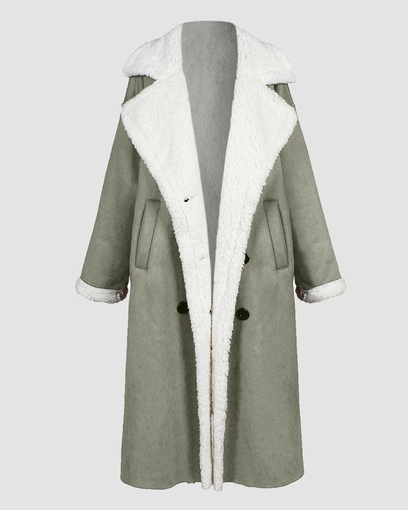 Faux Suede Drop Shoulder Pocket Longline Shearling Coat - Green L-