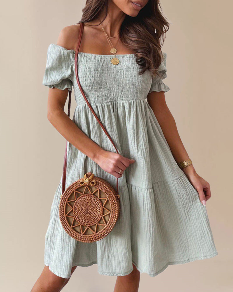Off Shoulder Summer Casual Dresses Solid Loose Fit Short Flowy Pleated Dress Swing Beach Sundress - Green L-