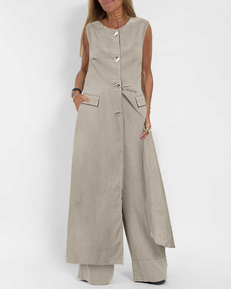 Zeagoo Women's Chic Two Pieces Sleeveless Slim-Fit Long Shirt Dress and Straight Leg Pants Sets - Khaki M