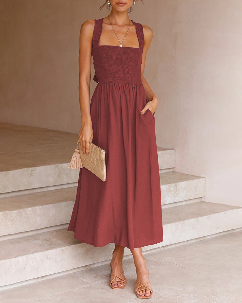 Elastic Waist Cross Straps Solid Casual Dress Sleeveless A-Line Summer Maxi Dress - Brown L-
