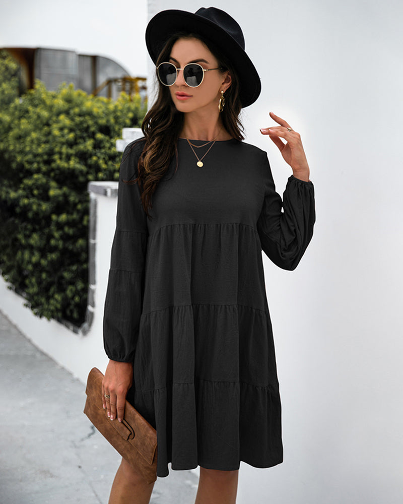 Long Puff Sleeve Shirt Dress Casual Crewneck Loose Fit Sundress Trendy Tiered Layer Summer Mini Dresses - Black