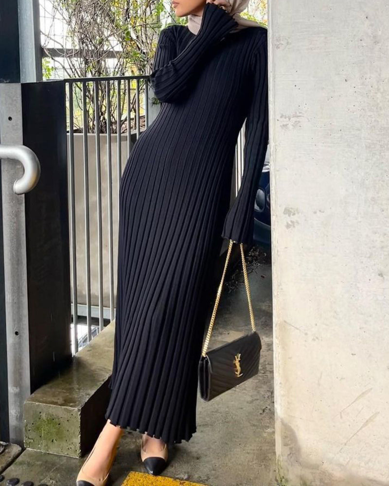 Long Sleeve Dress Crew-Neck Knit Maxi Dress Ribbed Elegant Long High Waist Pleated Dresses - Black M