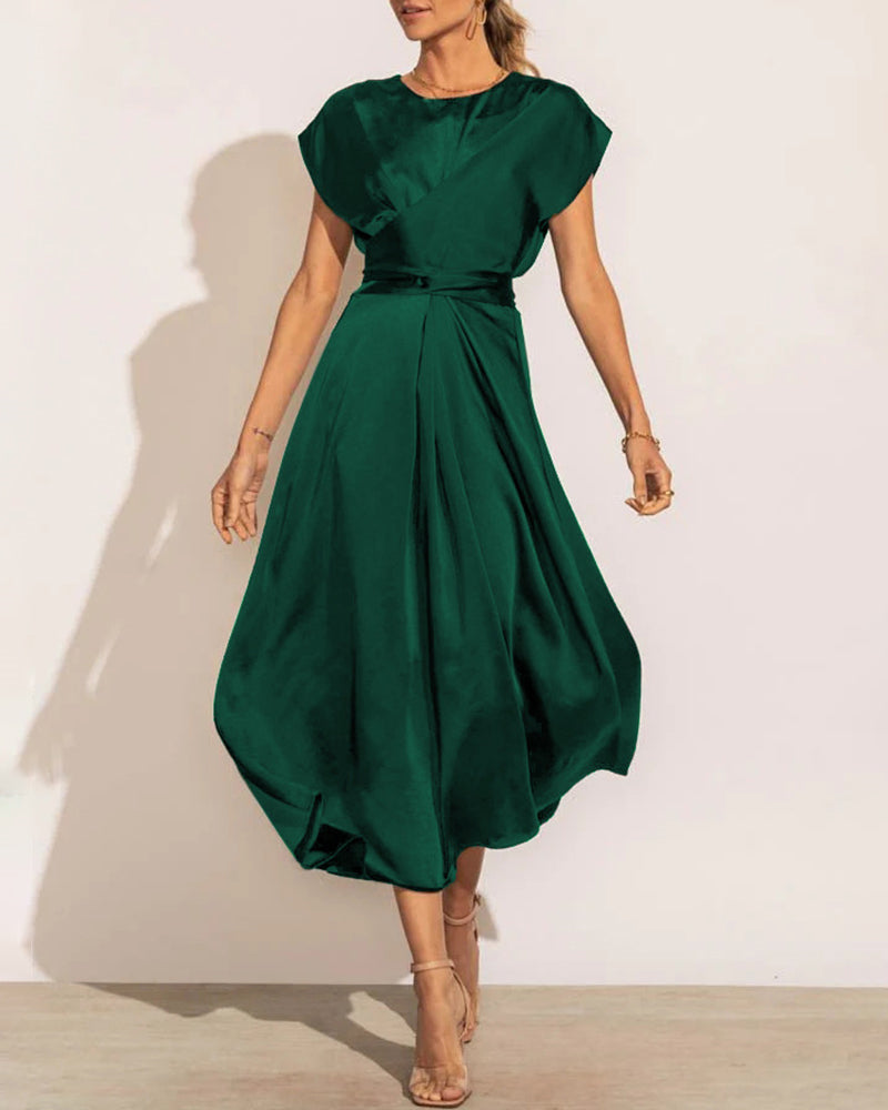 Satin Midi Dress Cap Sleeve Tie Waist Elegant A-Line Flowy Dresses - Green S