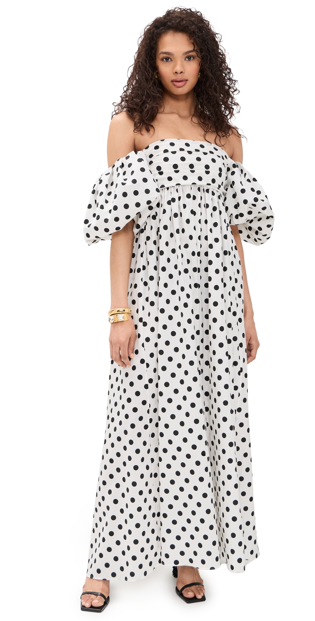 CAROLINE CONSTAS Emilia Ruched Empire Maxi Dress Ivory Black Polka Dot