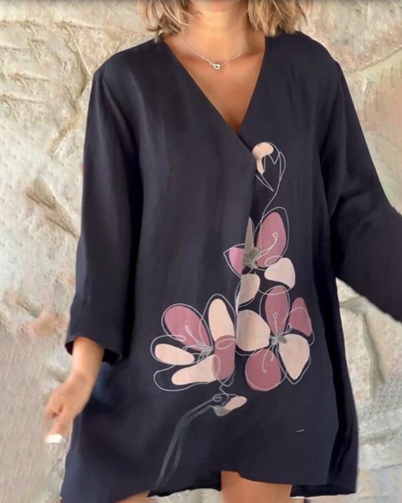 V-Neck Baggy Midi Dress Tshirt Top Long -Sleeve A Line Swing Dress - Black L-