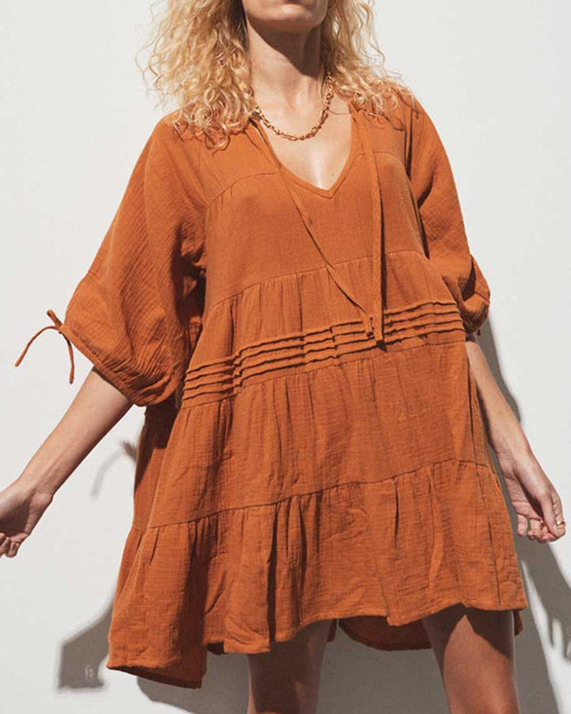 Zeagoo Women's Cute Sweet Tie up V Neck Drawstring Short Sleeve Babydoll Dress Loose Tiered Ruffle Swing Tunic Mini Dress - Orange