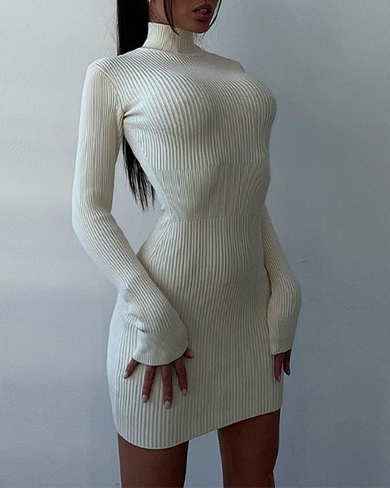 High Collar Mid-length Pitted Knitted Dresses Women's Solid Color Knitted Dress - Short White M