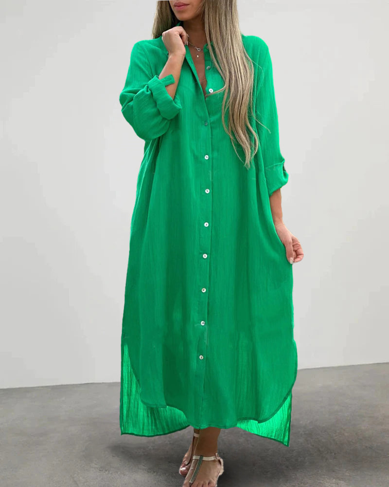 Zeagoo Women's Casual Collar Button Pocket Long Sleeve Shirt Dress - Green L-