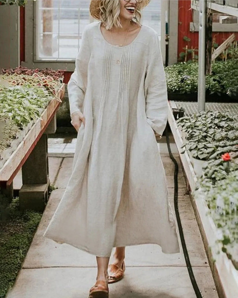 Round Neck Ruched Pocket Solid Long Sleeve Dress - Beige M