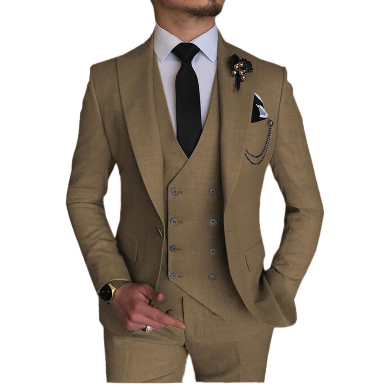 Ceehuteey Piece Mens Suit Double Breasted Prom Peak Lapel Suit Blazer + Vest + Pants - Khaki R