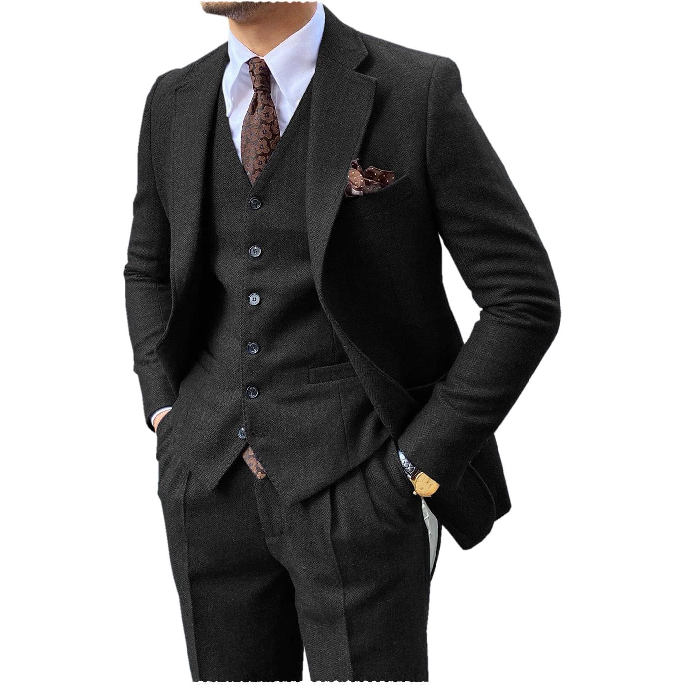 Ceehuteey Piece Mens Suit Herringbone Notch Lapel Suits Blazer+Vest+Pants - Black R