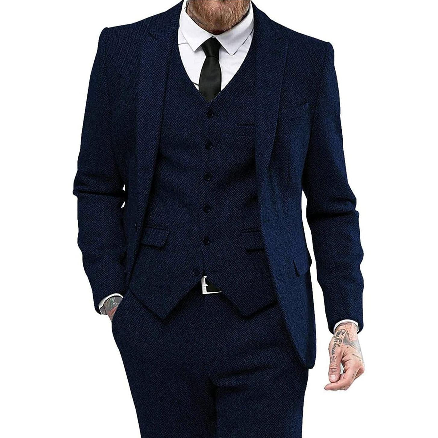 Ceehuteey Piece Mens Suit Herringbone Peak Lapel Suits Blazer+Vest+Pants - Navy R