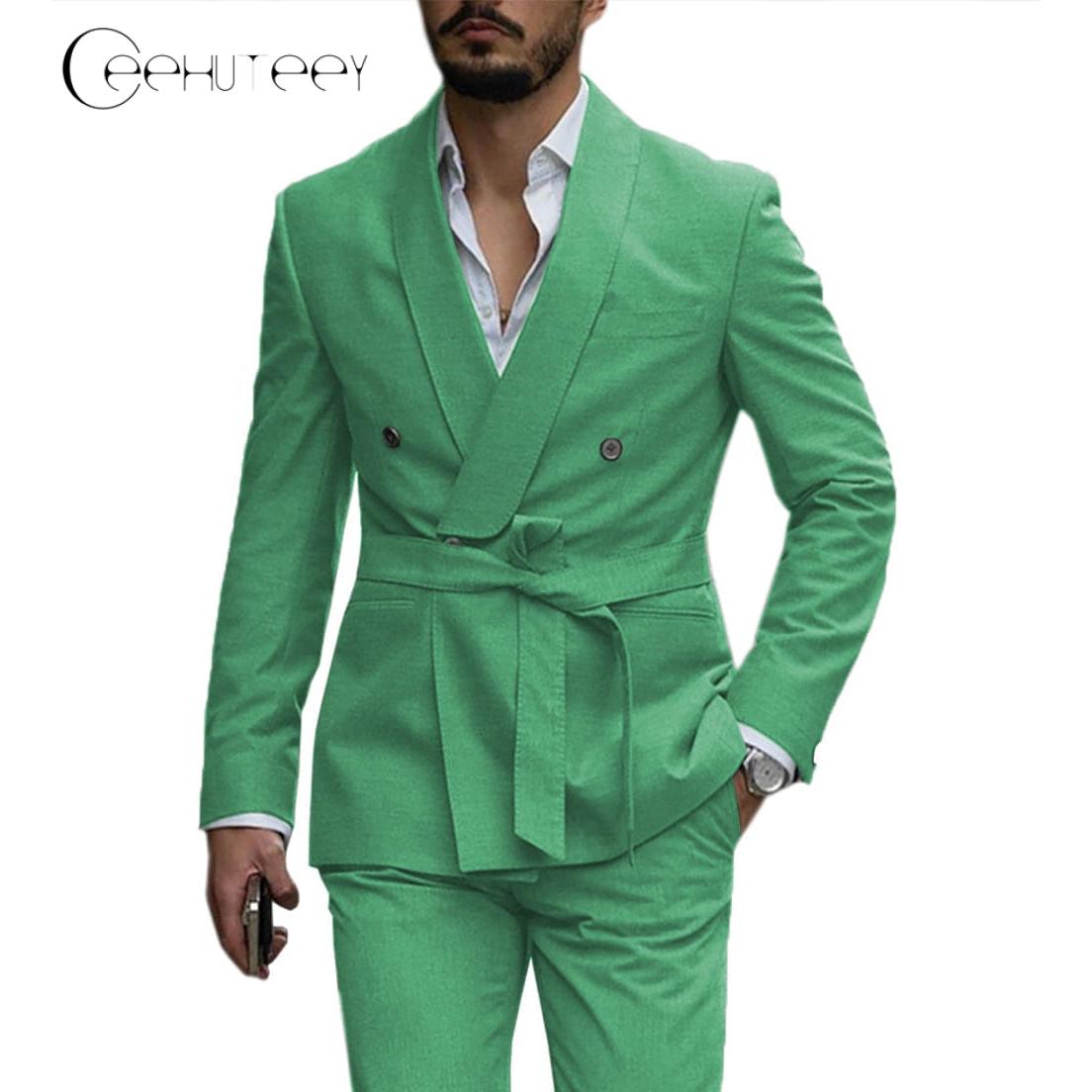 Ceehuteey Mens Suit Double Breasted Shawl Lapel Pieces Blazer+Pants - Green R