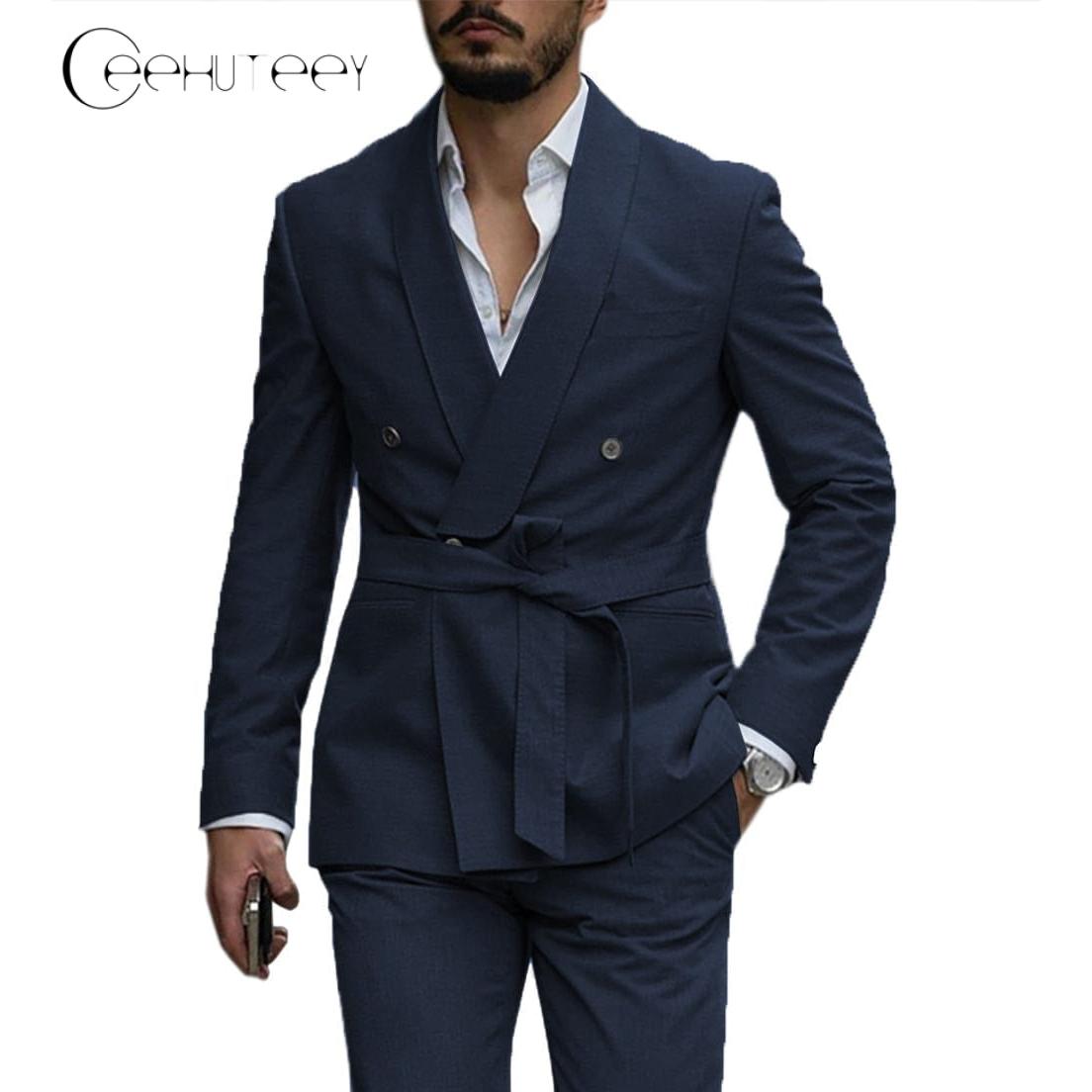 Ceehuteey Mens Suit Double Breasted Shawl Lapel Pieces Blazer+Pants - Navy R