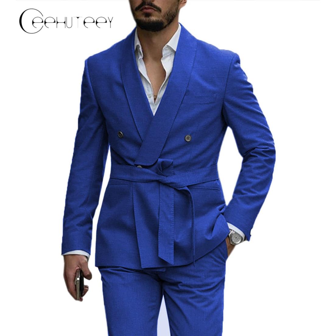 Ceehuteey Mens Suit Double Breasted Shawl Lapel Pieces Blazer+Pants - Royal Blue R