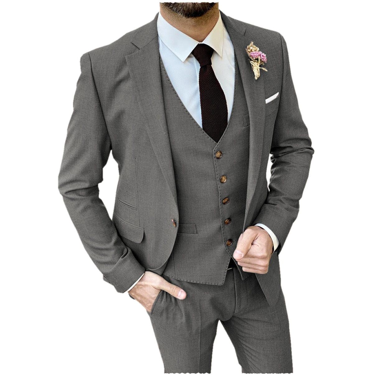 Ceehuteey Flat Pieces Mens Suit Notch Lapel Blazer Blazer+Vest+Pants - Grey R