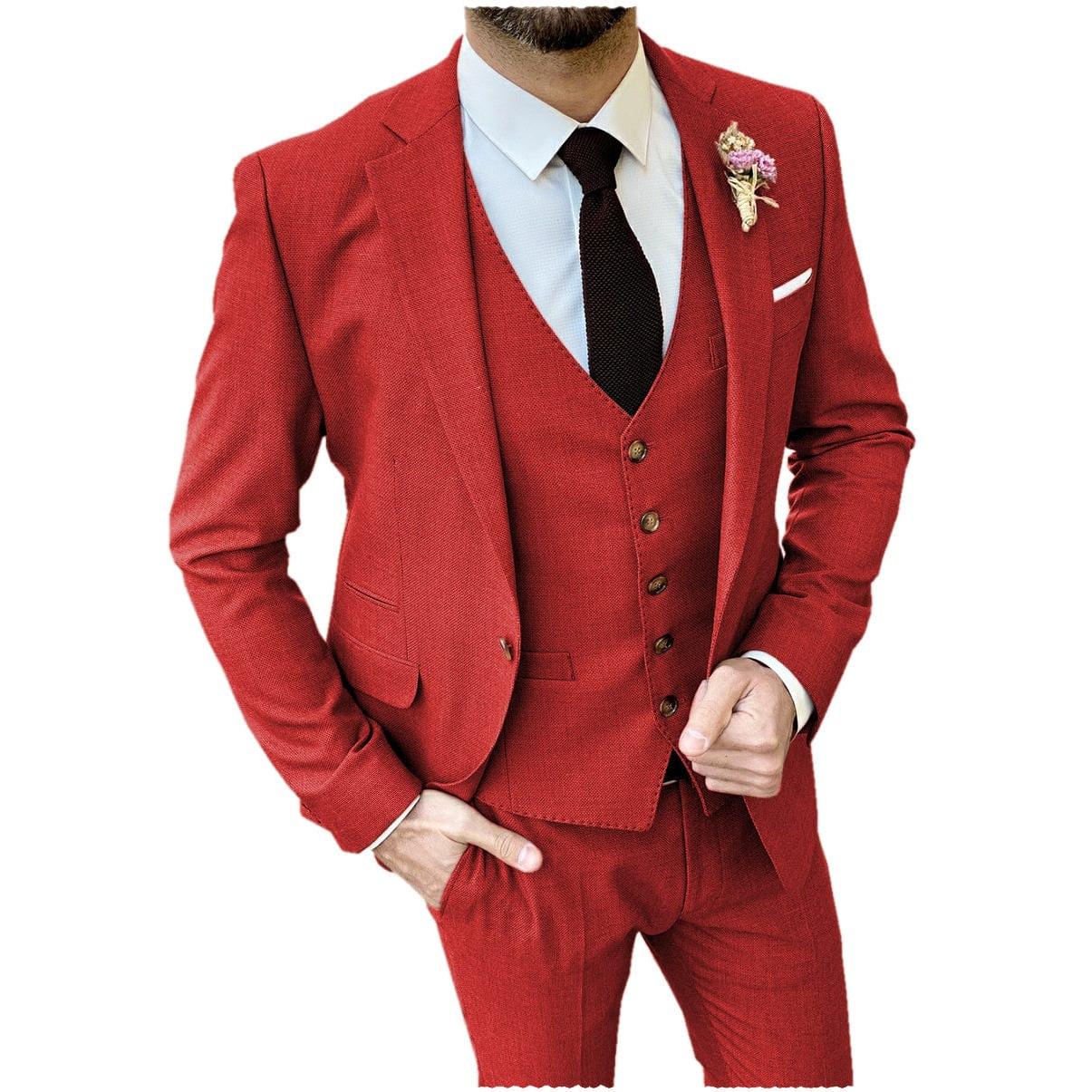 Ceehuteey Flat Pieces Mens Suit Notch Lapel Blazer Blazer+Vest+Pants - Red R